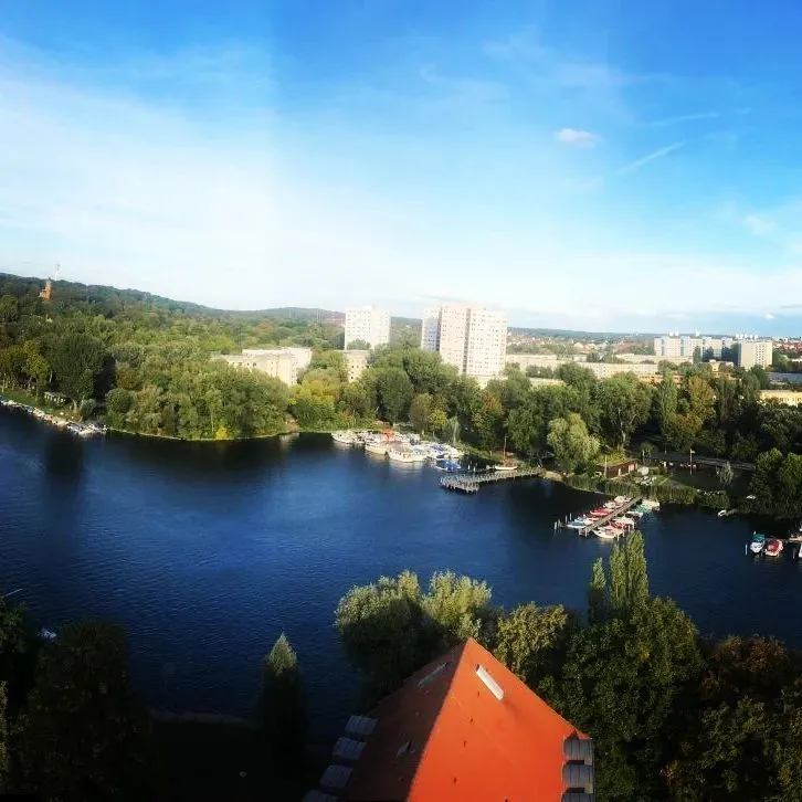 Blauer Havelblick mit Booten, Bäumen und Potsdamer Häusern.