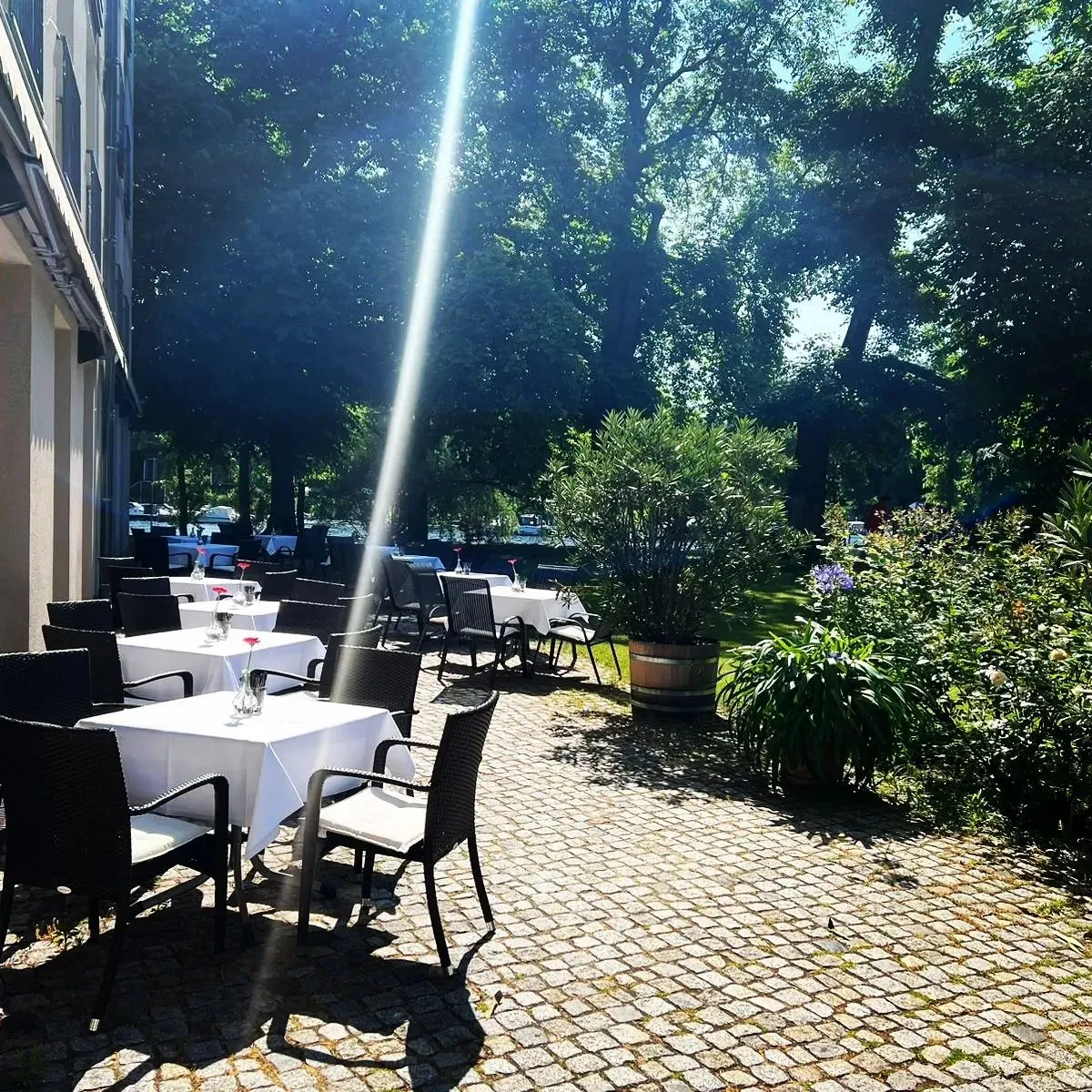 Gedeckte Terrassentische im schattigen Innenhof mit viel Grün.