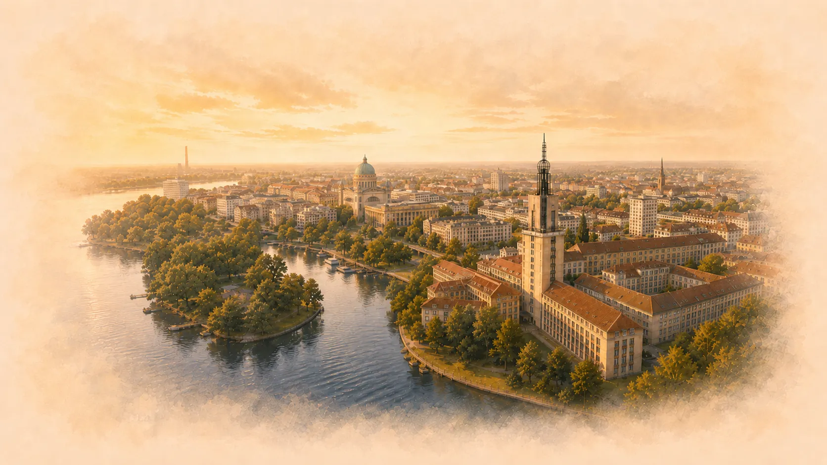 Illustration des ResidenzCafés am Havel-Ufer mit Turm, Wasser und Segelboot.